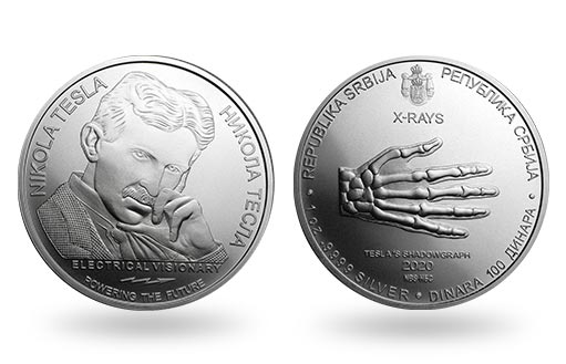 портрет Теслы на сербской инвестиционной монете из серебра